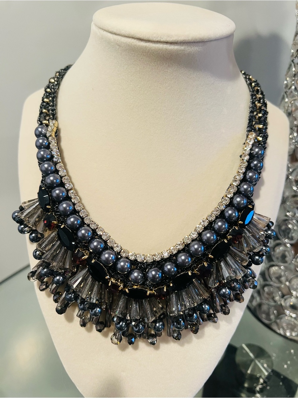 Statement Pearl and Crystal Fringe Necklace in Gray and Black